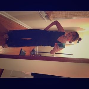 Black linen one piece jumpsuit w/tie belt